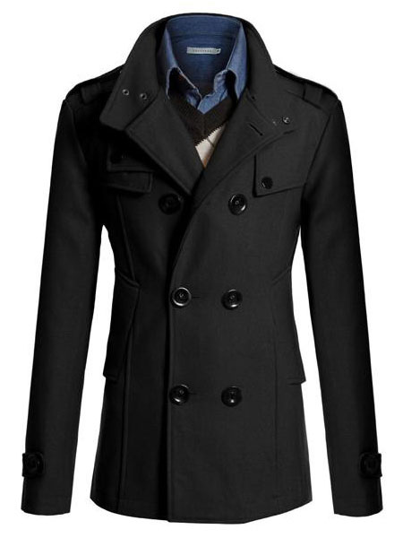 Black Pea Coat Stand Collar Trench Coat Double Breasted Pocket 2021 Men ...