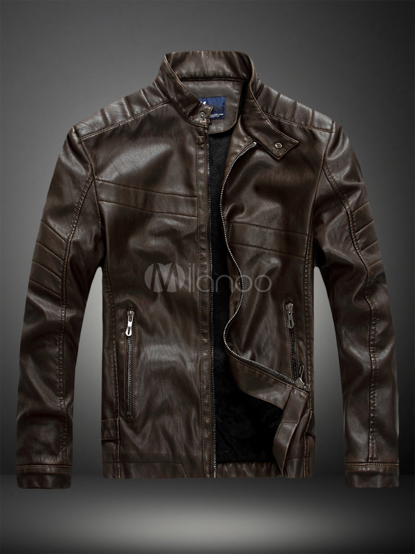 Brown Leather Jacket Men Jacket Stand Collar Long Sleeve Zip Up ...