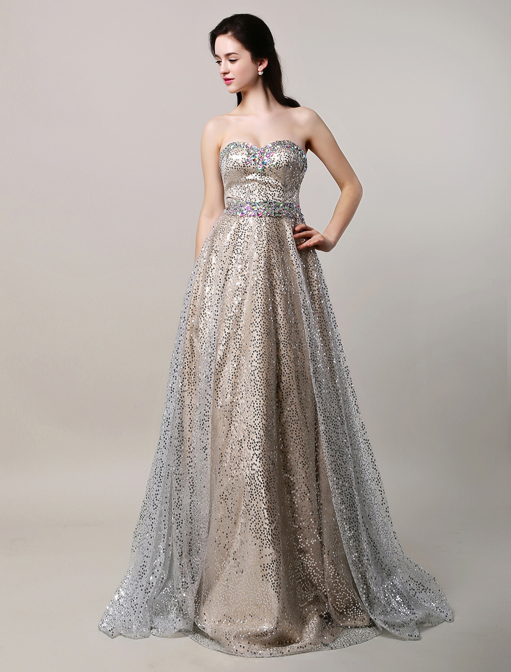 Glitter Long Champagne Sweetheart Sequin Ball Prom Dress With ...