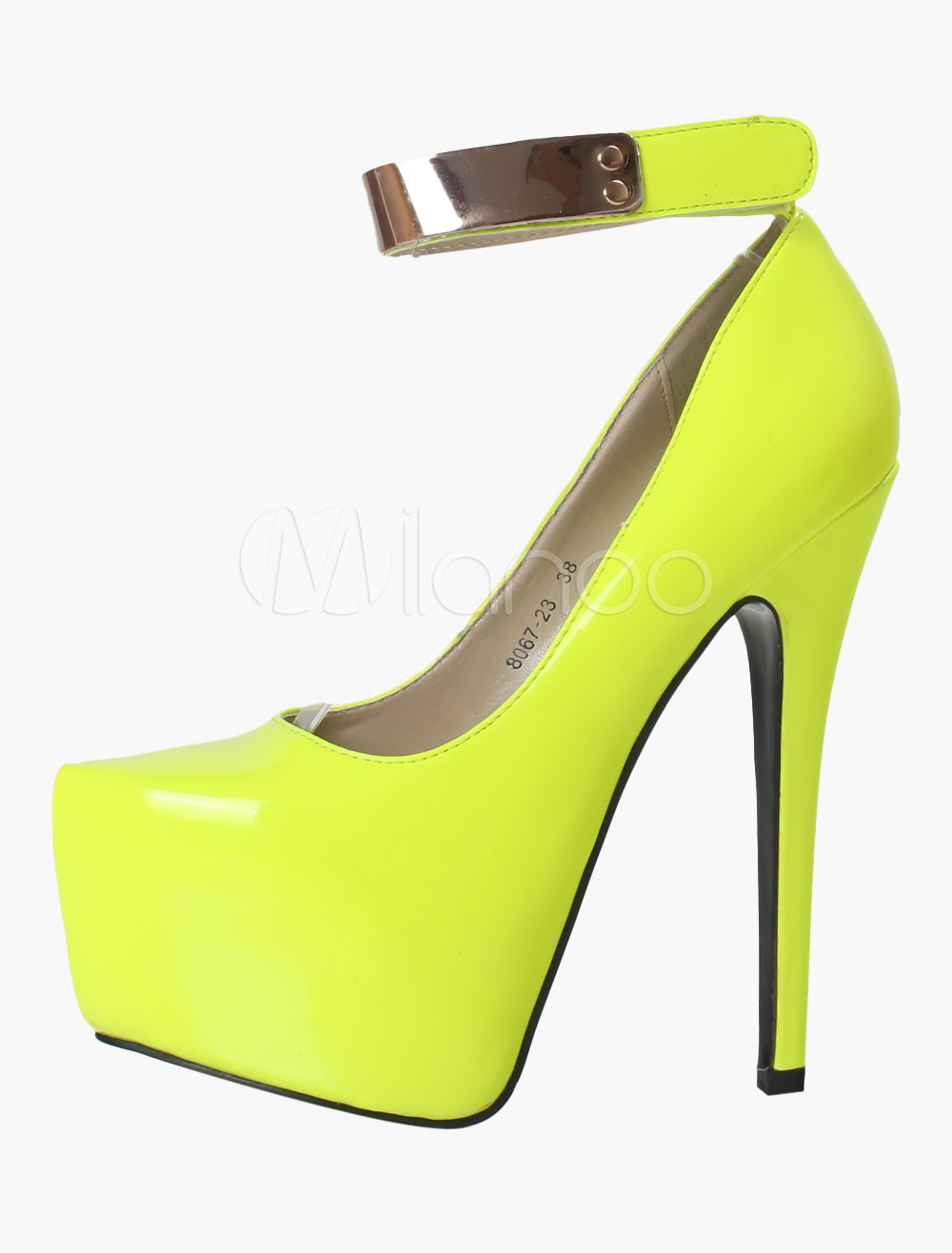 Metallic Yellow Stiletto Heel PU Leather Pointed Toe Velcro Woman's