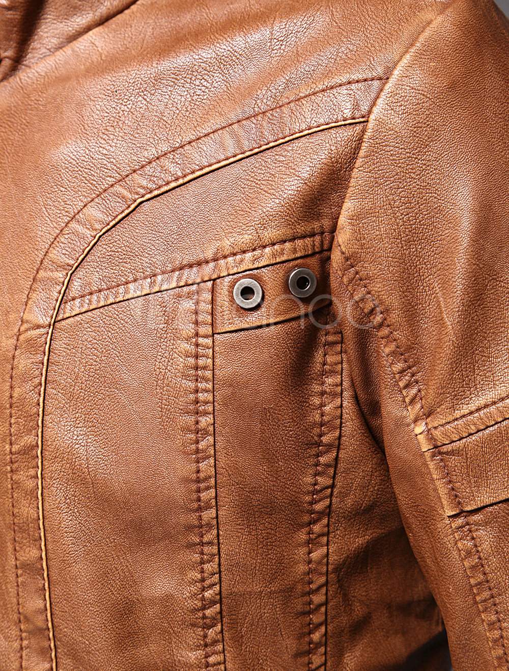 Men's Faux Leather Motorcycle Jacket With Removable Hood - PU Polyester Shell, 100% Cotton Fill, 6 Pockets