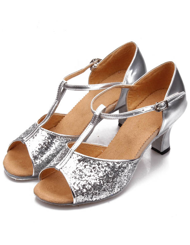 Latin Dancing Shoes 2019 Silver Ballroom Dance Shoes Sequined Open Toe T Type Dance Shoes