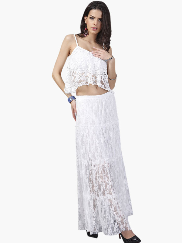 Fashion White Lace Cropped Spagetti Top and Long Lace Skirt Two-Piece ...