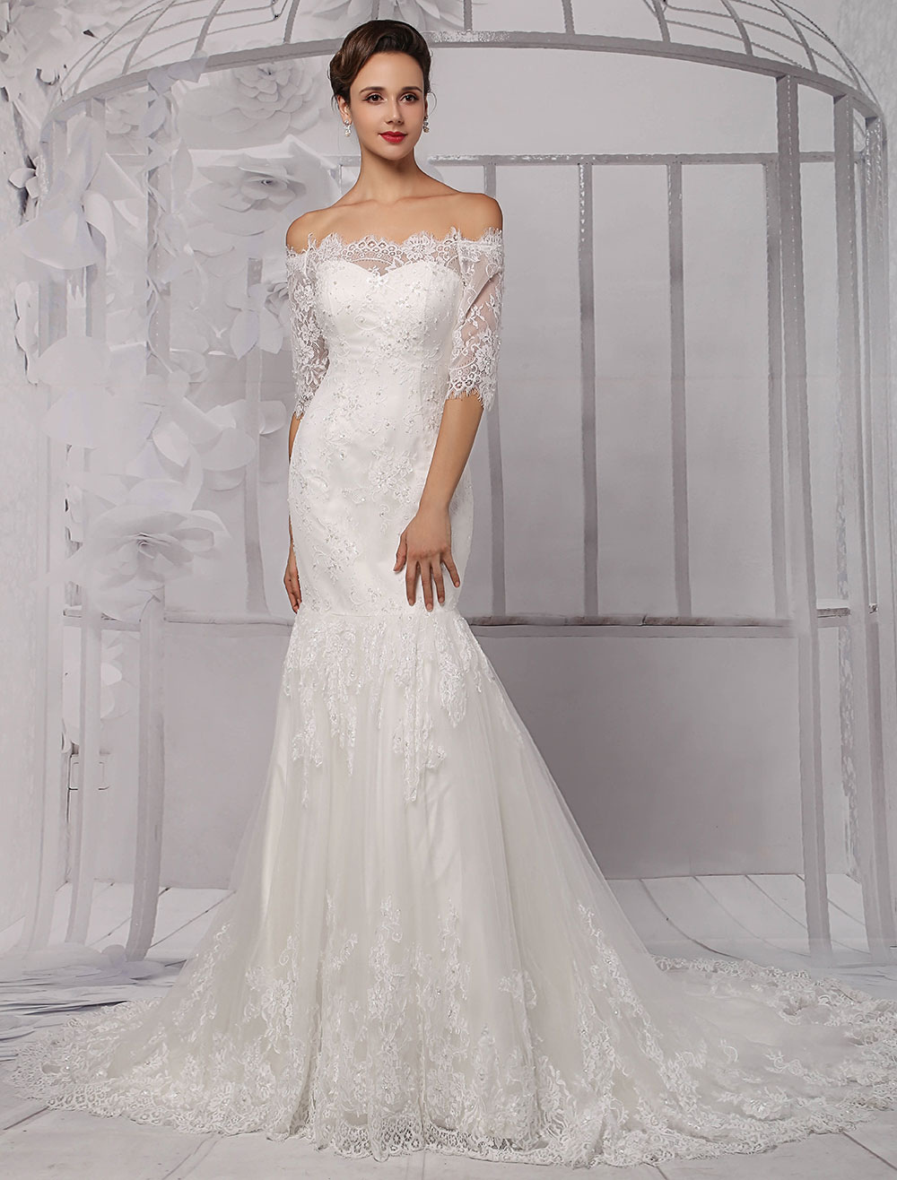 Half Sleeve Off the Shoulder Lace Wedding Dress in Trumpet