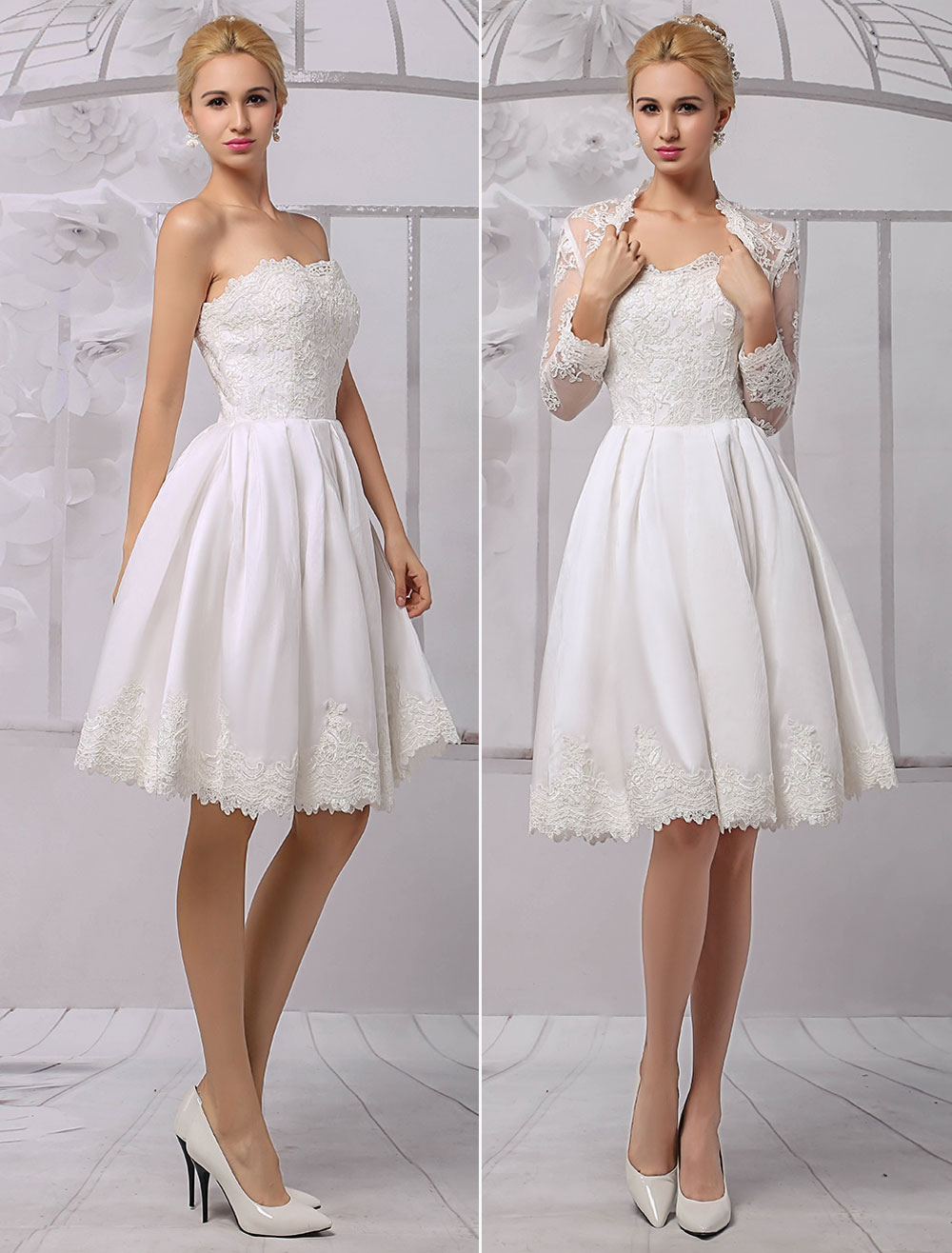 Knee Length Satin And Lace Wedding Dress With Lace Long Sleeve Wrap 6895