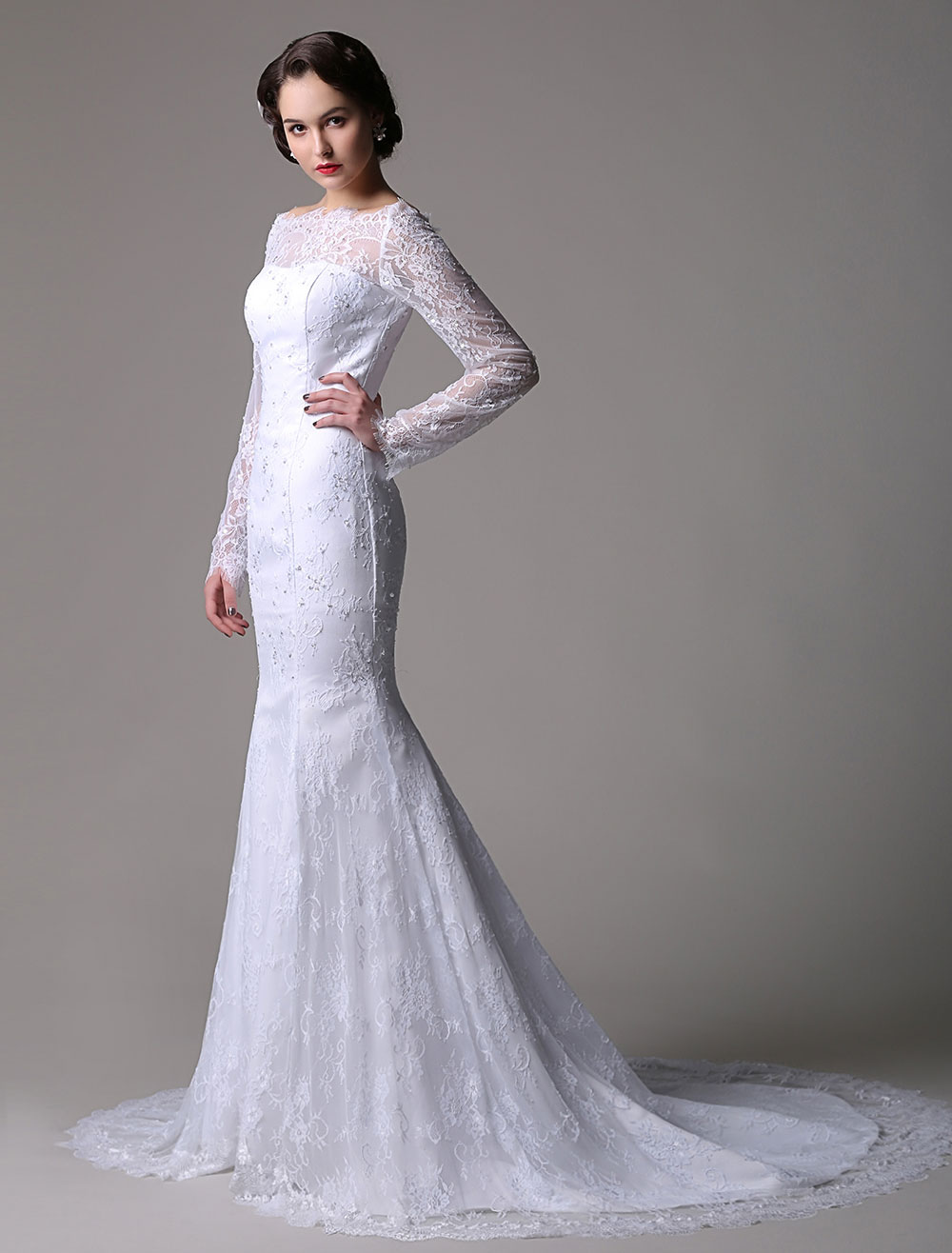 Lace Mermaid/Trumpet Long Sleeves Off-the-shoulder Wedding Dress ...