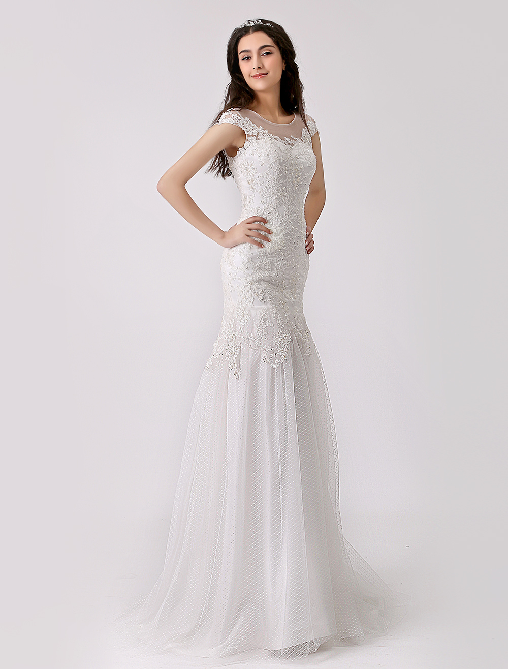 Lace And Tulle Trumpet Wedding Gown With Illusion Neckline Milanoo