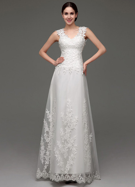 Tulle V-neck Illusion Back Wedding Dress With Lace Bodice - Milanoo.com