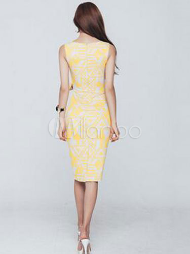 Yellow Midi Bodycon Dress With Square Neck - Milanoo.com