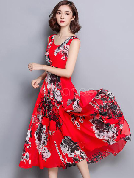 Red Floral Printed Summer Dress Chiffon Sleeveless Skater Dress ...