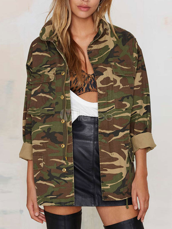 Women Military Jacket Camouflage Long Sleeve Oversized Jacket Zippered ...