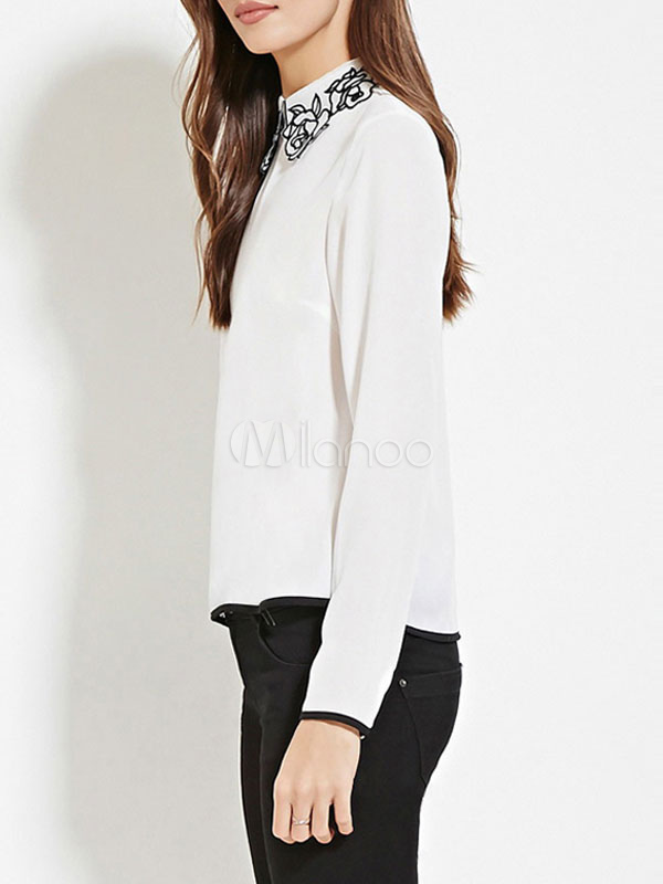 White Blouses Embroidered Peter Pan Collar Long Sleeve CutOuts Sweet