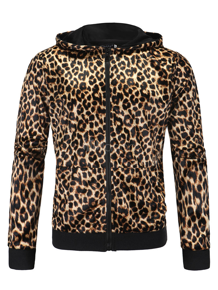 Men Hoodie Casual Leopard Print Drawstring Zipper Up Hooded Jacket ...