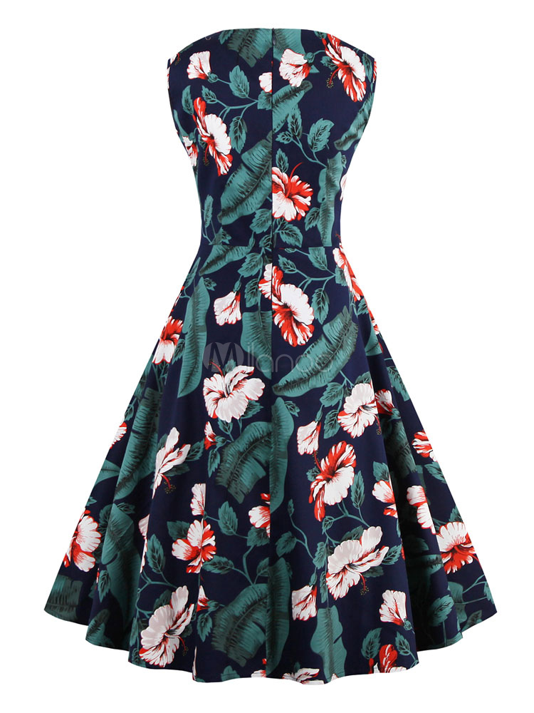 Vintage Dress Sleeveless Floral Print Skater Dress - Milanoo.com