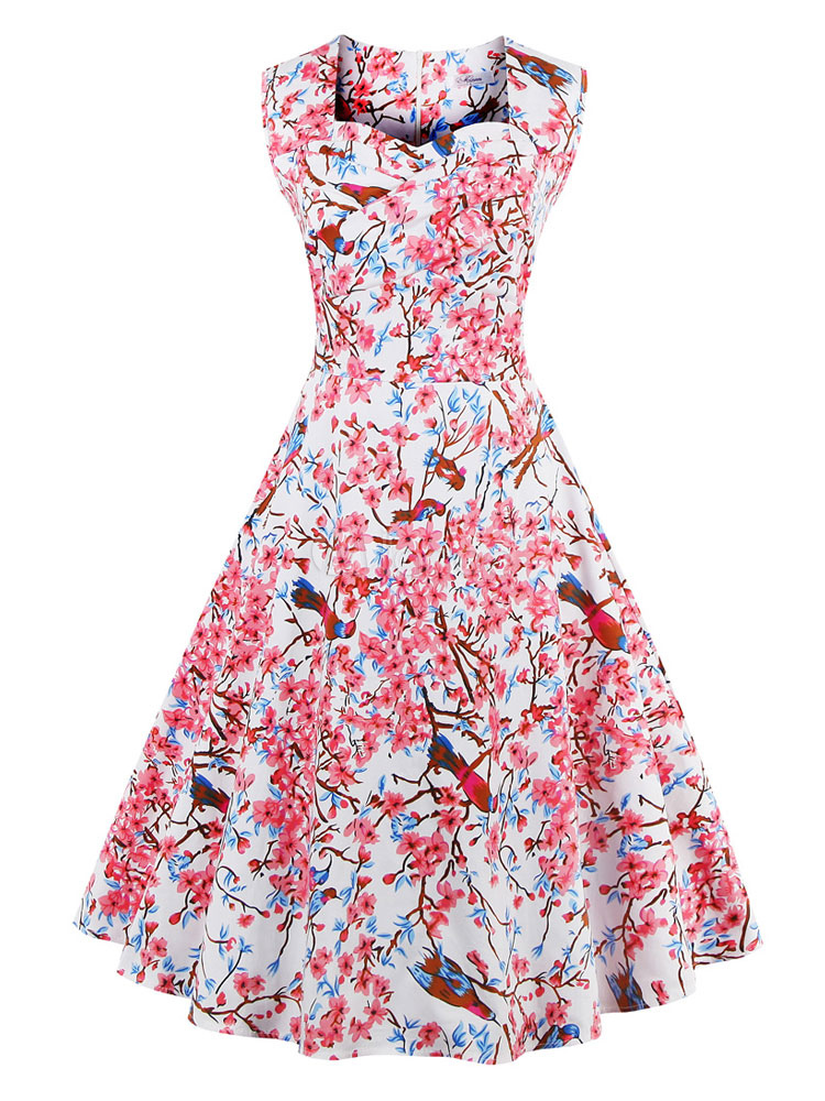 Vintage Dress Sleeveless Floral Print Skater Dress - Milanoo.com
