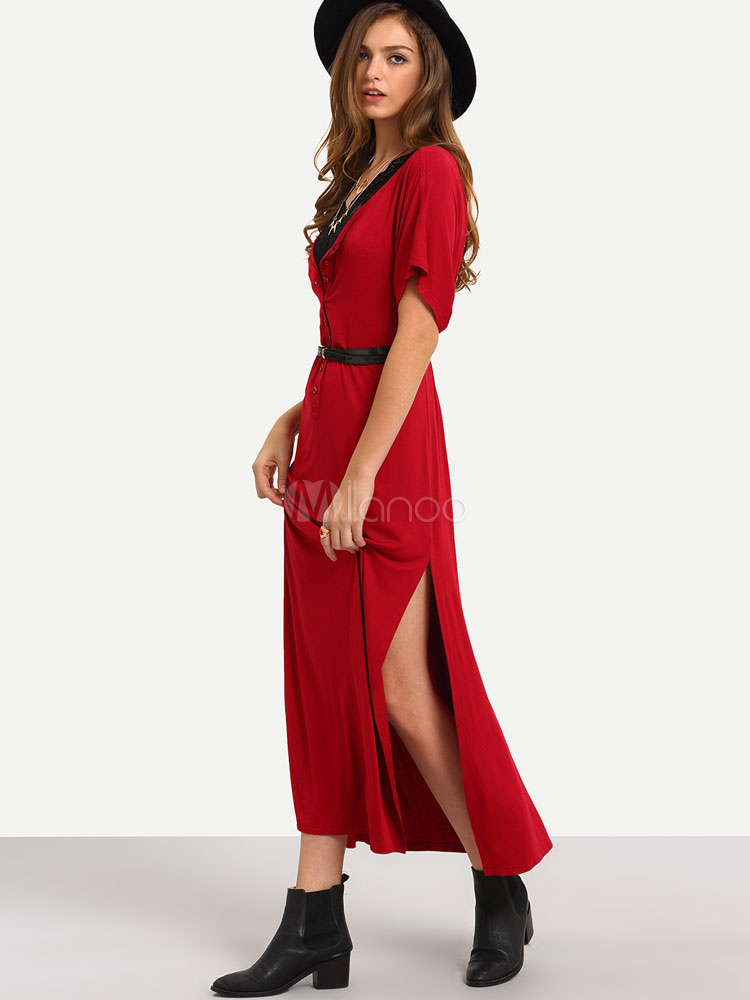 compromiso Variedad nadie Vestido largo Casual manga corta de gran tamaño de vestido rojo t-shirt  para mujer - Milanoo.com