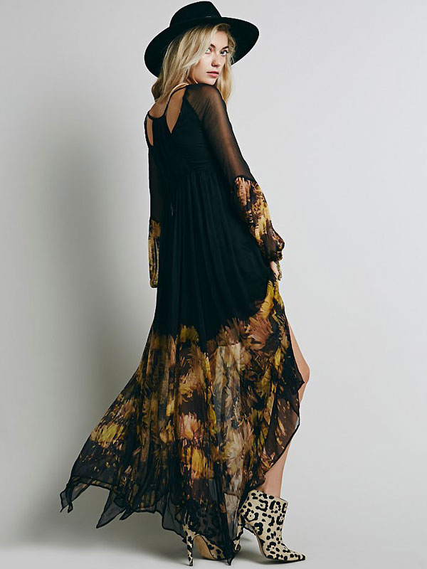 Black Boho Dress Long Sleeve Rayon Maxi Dress - Milanoo.com