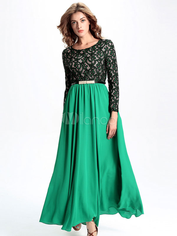 Long Sleeves Maxi Dress Green Chiffon Long Dress With Scoop Neck ...
