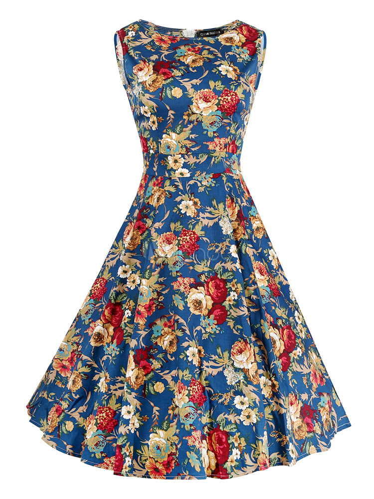 Jewel Sleeveless Vintage Floral Print Dress - Milanoo.com