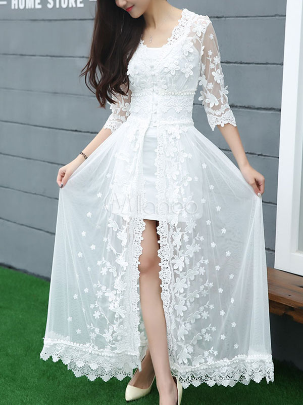 White Dress Half Sleeve Split Lace Maxi Dress - Milanoo.com