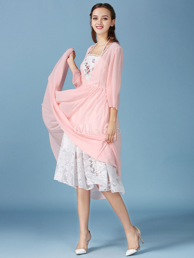 Pink Long Sleeve Pleated Oversized Maxi Dress - Milanoo.com