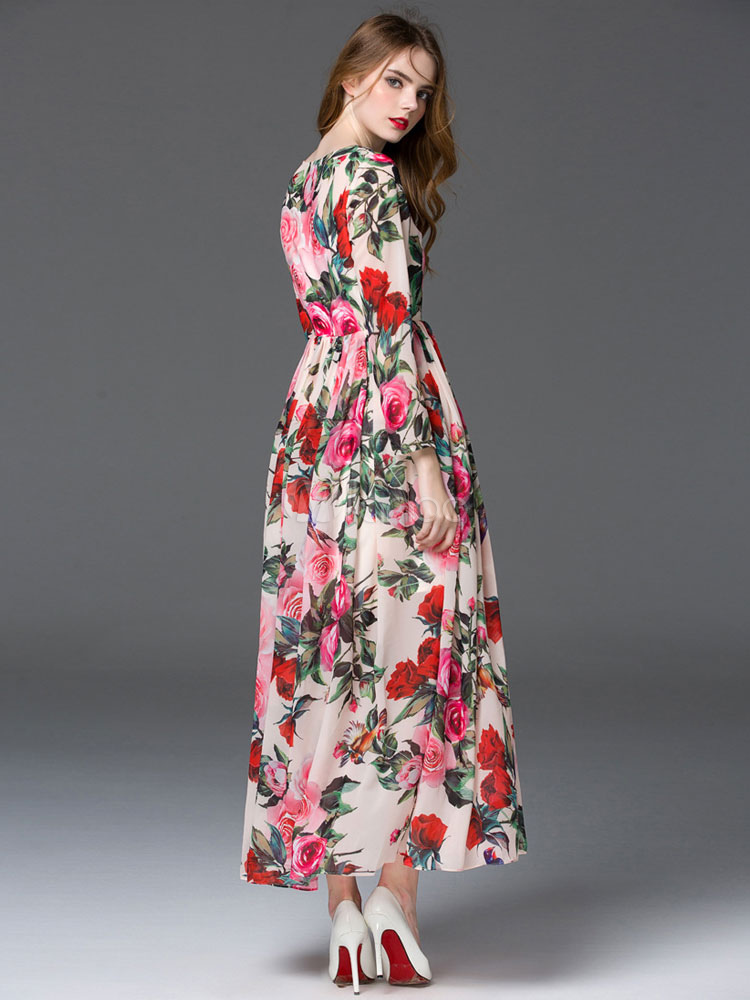 Long Sleeve Pleated Printed Chiffon Maxi Dress - Milanoo.com