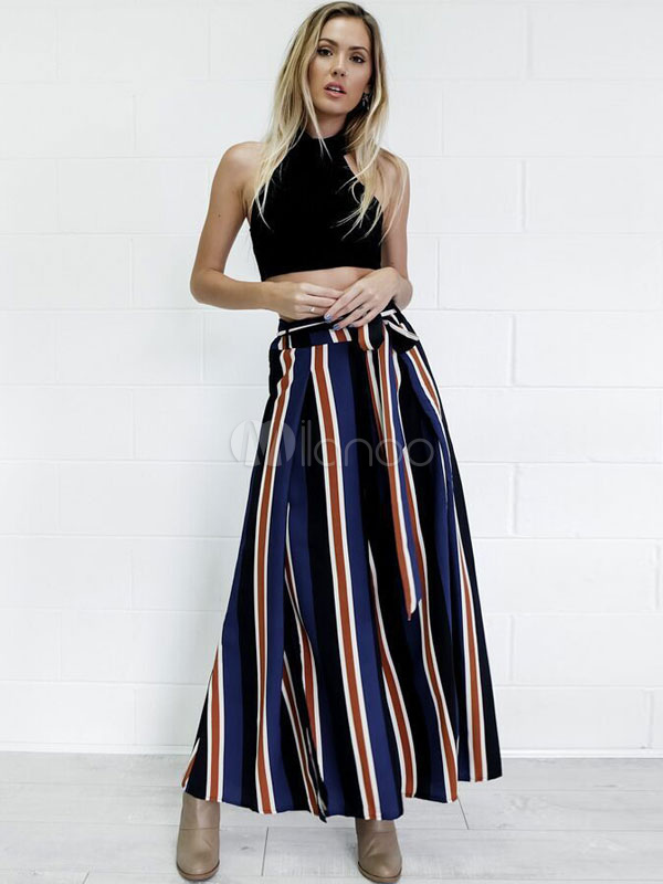 Pantaloni a gamba larga vita cravatta a righe colorate - Milanoo.com