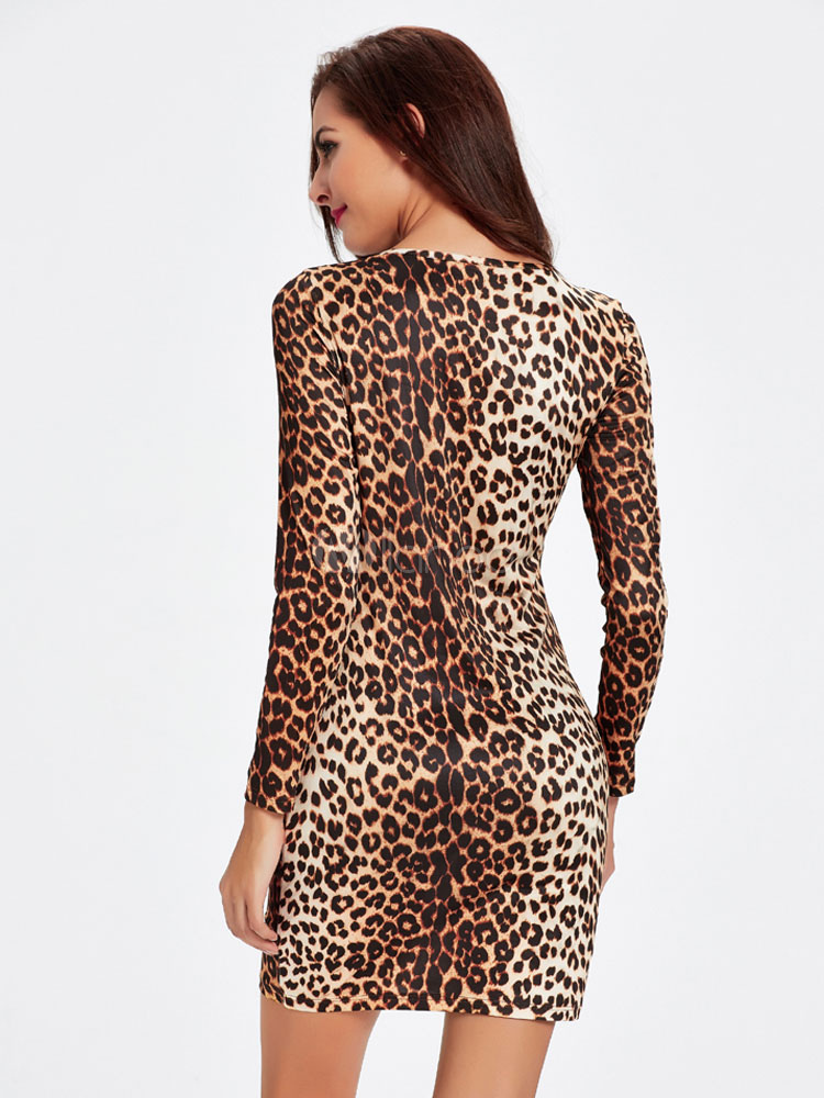 Leopard Bodycon Dresses Women's Long Sleeve Cut-Outs Sheath Dresses ...