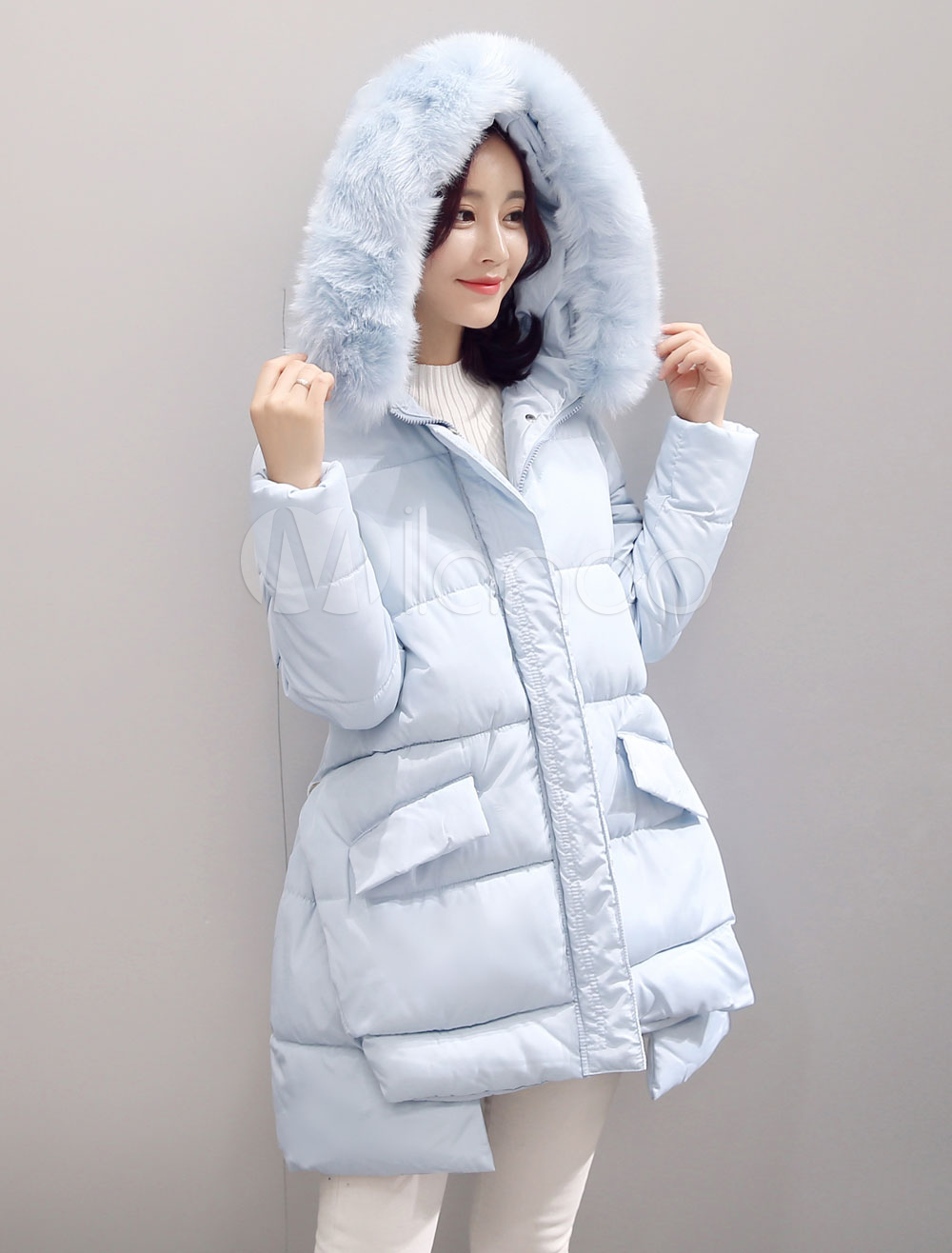 Fine plus size womens parka tie waist coats black fur collar goose Down coat