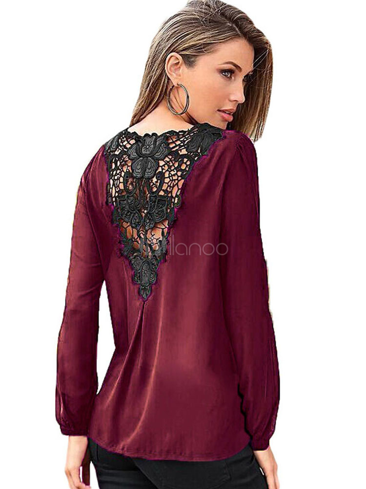 Women's V-neck Blouses Long Sleeve Lace Patchwork Cross Front Casual ...
