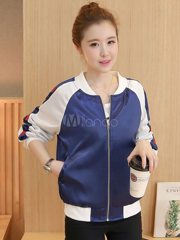 Blaue Baseball Jacke Damen Langarm Reißverschluss Tasche Farbe Kontrast Kurzmantel Blaue Baseball Jacke Damen Langarm Reißverschluss Tasche Farbe Kontrast Kurzmantel