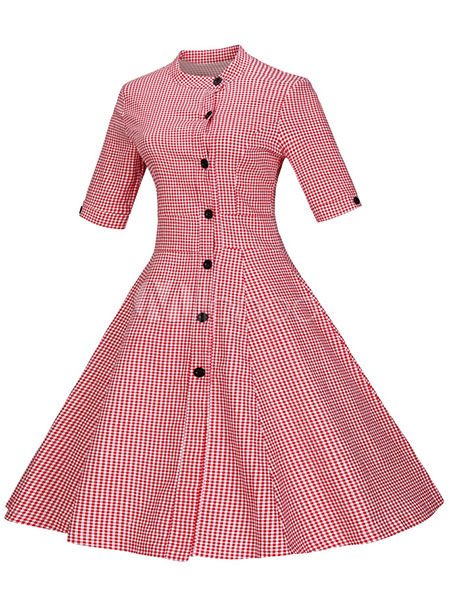 Blue Vintage Dress Plaided Button Half-Sleeve Stand Collar Retro Dress ...