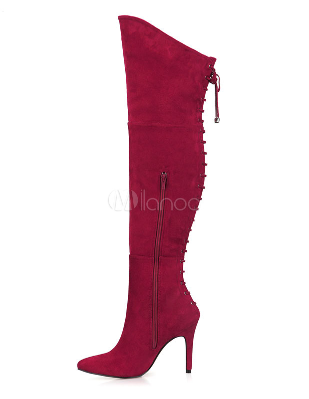 Red Suede Wide Calf Boots Women's Over Knee Lace Up High Boots For ...