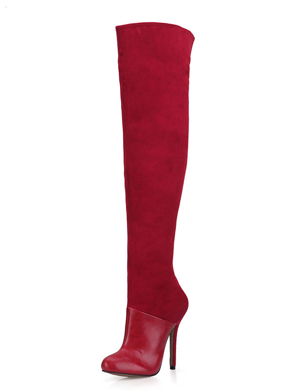 Red Suede Boots Women's Round Toe High Heel Over The Knee Boots For ...
