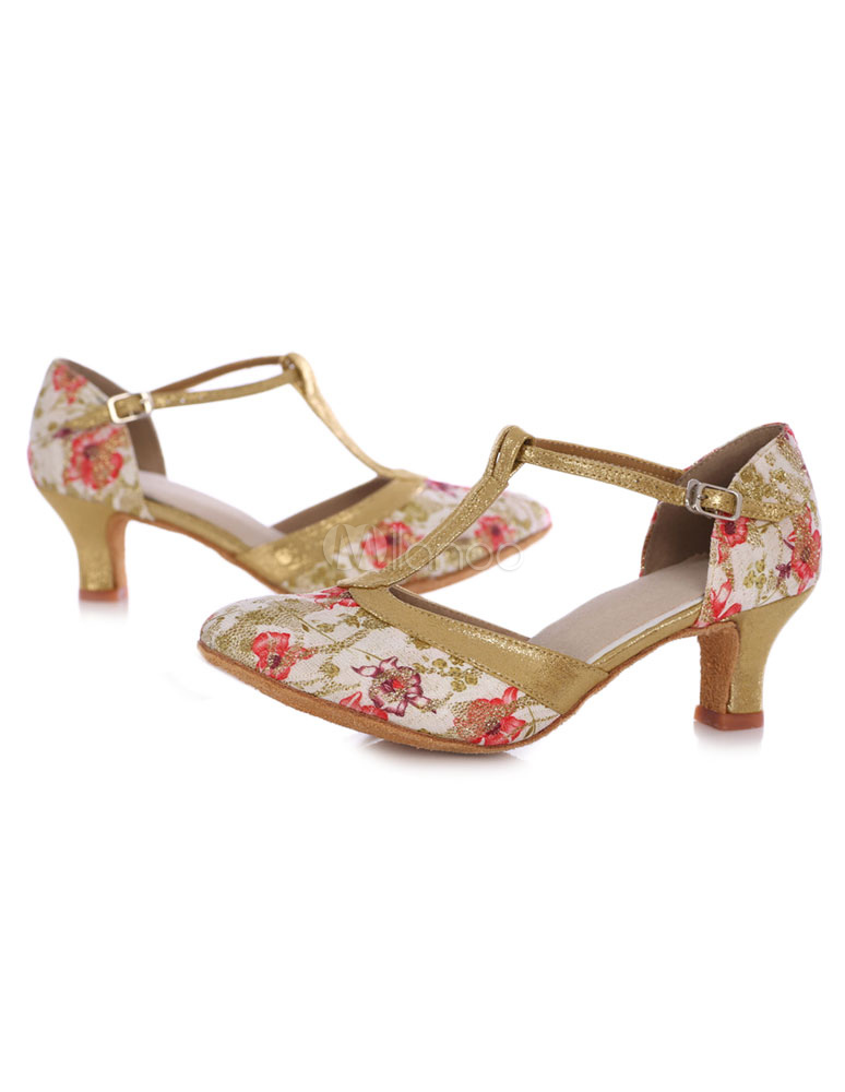 Ballroom Dance Shoes Women's Round Toe Floral Print T-strap High Heel ...