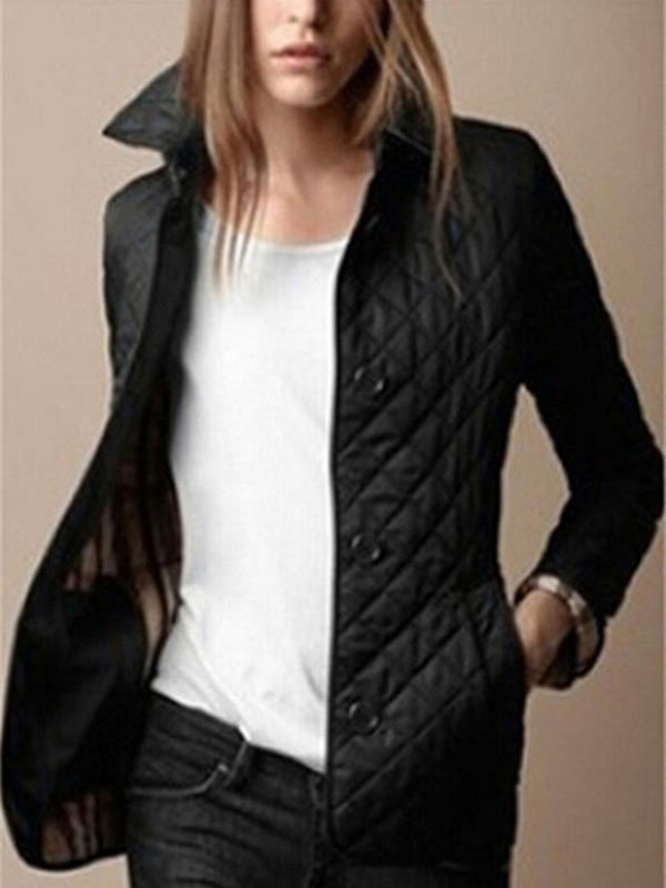 Women Quilted Jacket Black Button Long 