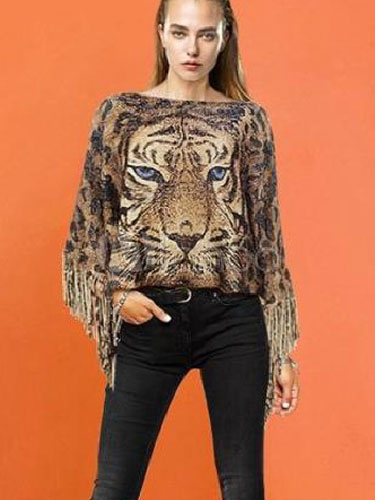 Poncho maglia tigre donna stampata mezza manica corta maglieria con frangia  - Milanoo.com