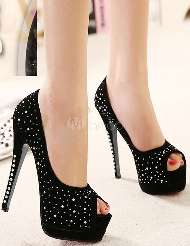 Casamento preto de salto alto sapatos bombas Peep plataforma strass slip-on noivas  sapatos - Milanoo.com