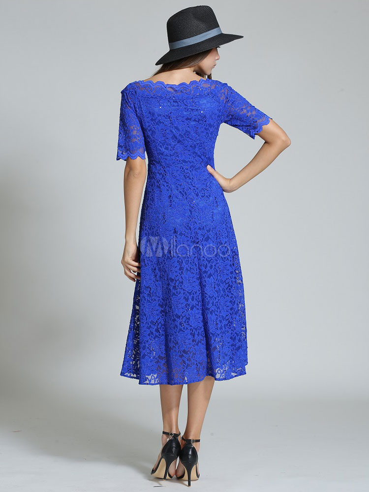 レースワンピース ロイヤルブルー パーティードレス シェイプアップ レース レディースファッション シック モダン 無地 お呼ばれ 結婚式 二次会 通勤 フォーマル レディースワンピース Milanoo Jp