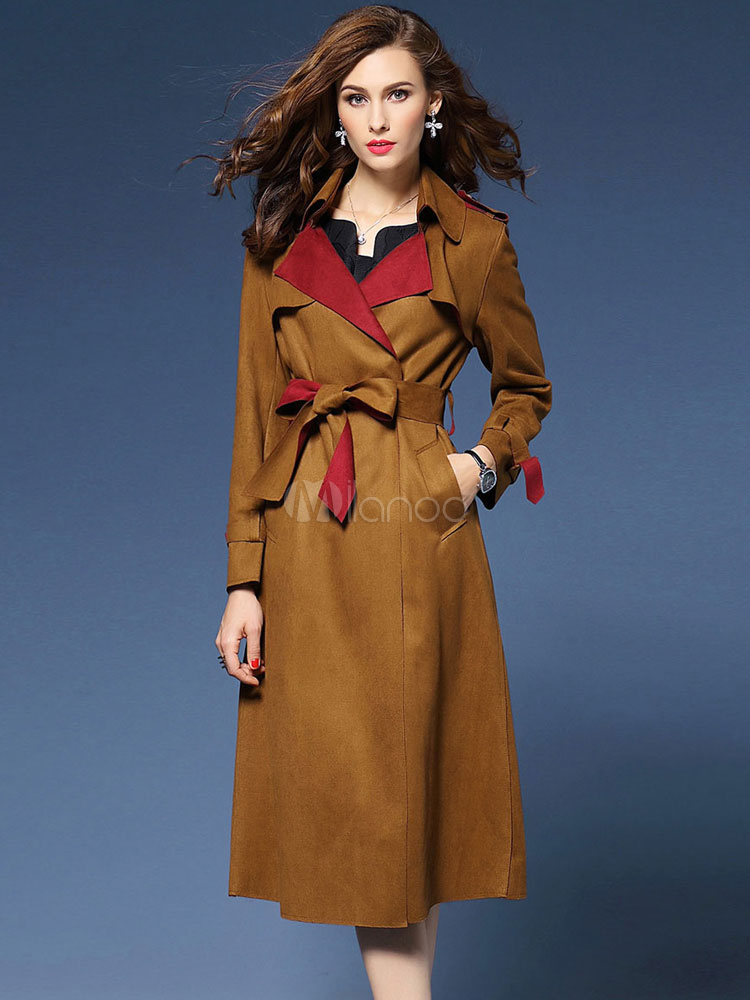 Wildleder Langen Mantel Kontrast Farbe Army Style Damen Hinteren Schlitz Gestaltung Wintermantel Milanoo Com