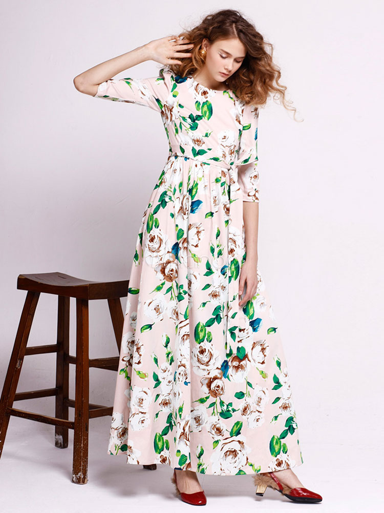 Vintage Maxi Dress Floral Print Half Sleeve Back Zipper Women's Long