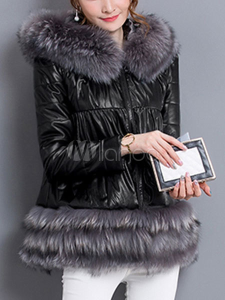 Hooded Winter Coats Faux Fur Pillow Collar Women S Black Faux