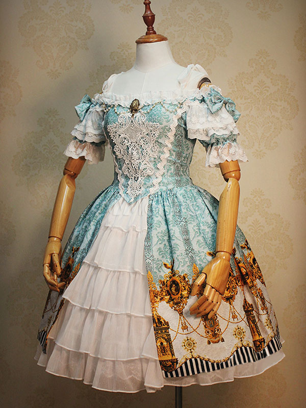 Gothic Lolita Dress Light Blue Lace Embroidered Bow Royal Printed ...