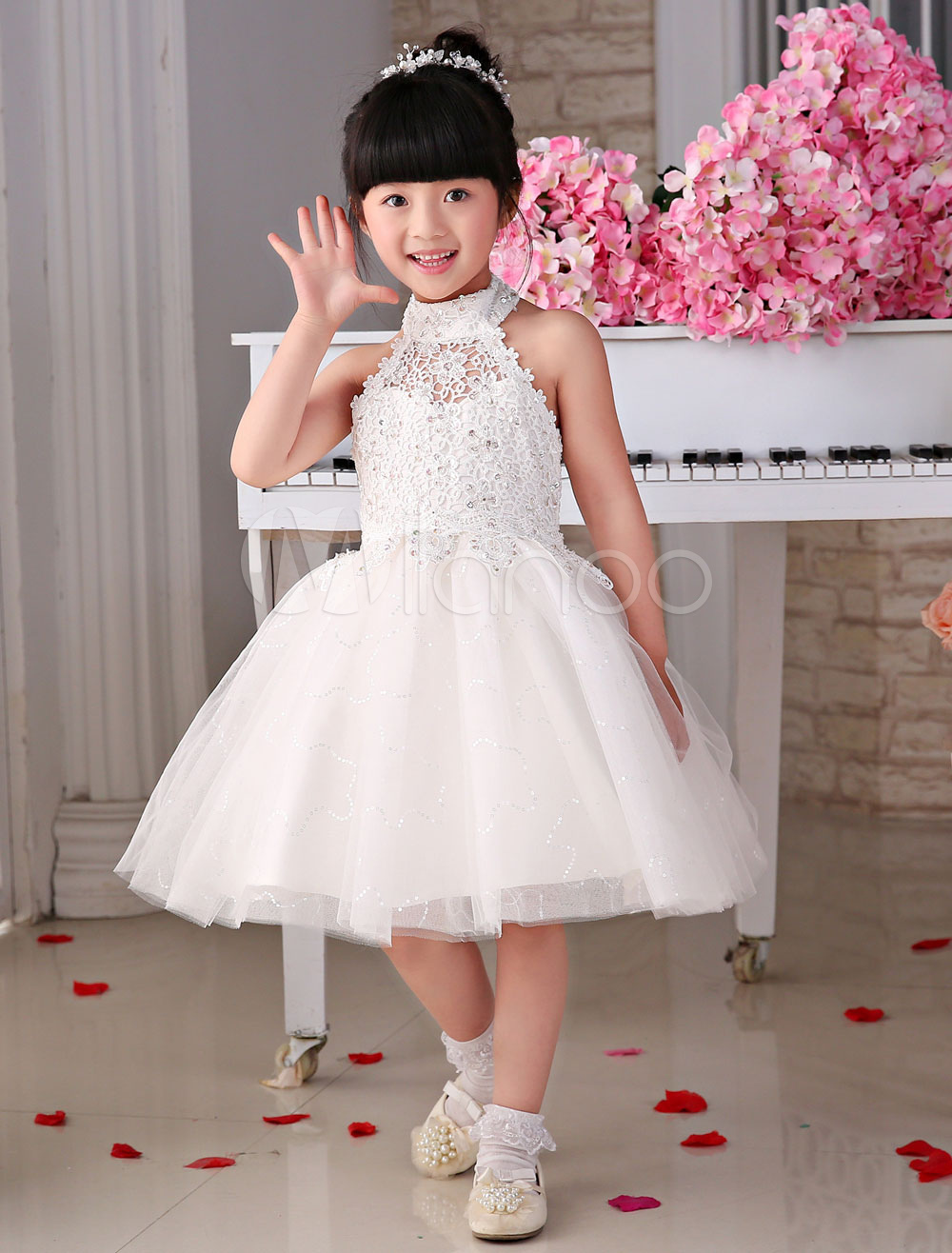 Flower Girl Dresses White Lace Tulle Halter Tea-Length A-Line Tutu ...