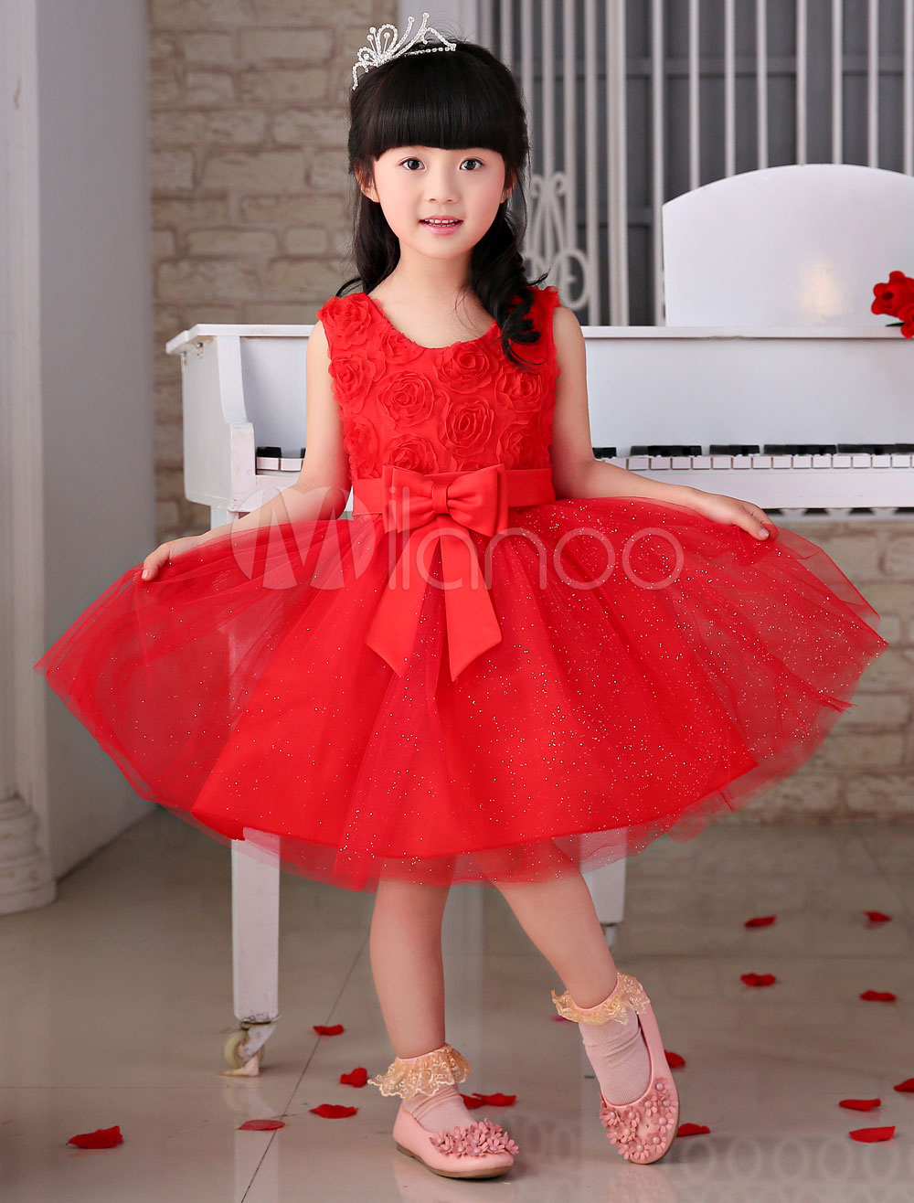 Red Flower Girl Dresses Tulle Flowers ALine TeaLength Bows Fabulous