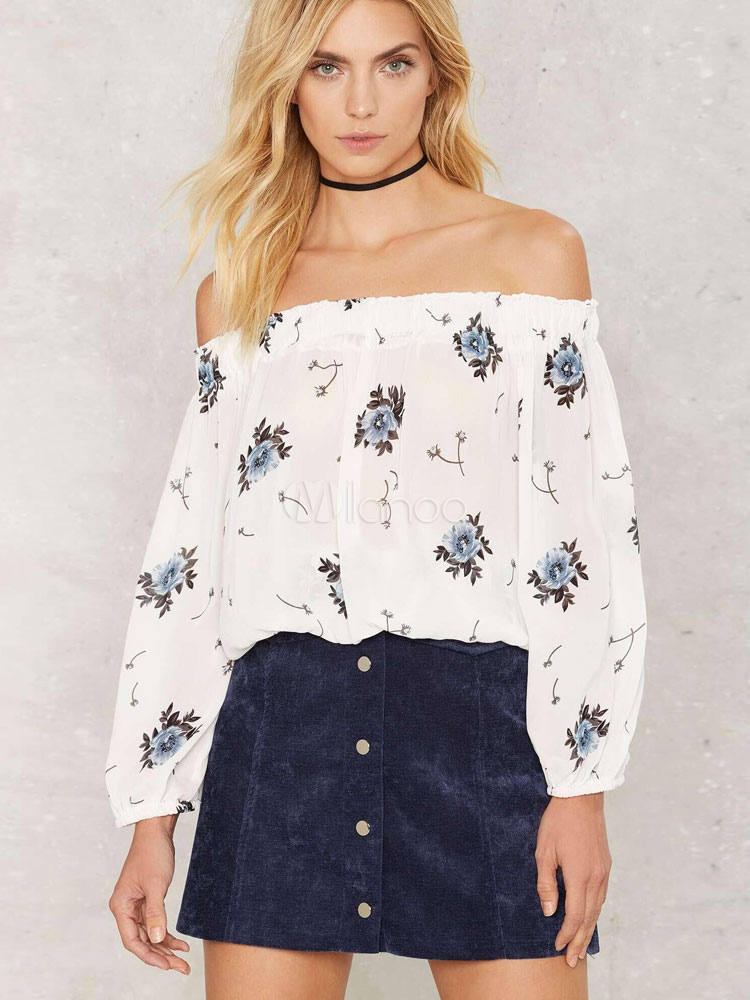 Off-the-shoulder White Floral Print Long Sleeve Chiffon Top For Women ...