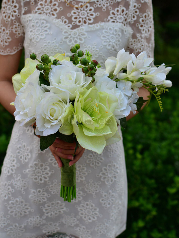 Mariage Blanc Bouquet Cascade Dentelle Ruban Soie Fleur Bouquet De Mariée