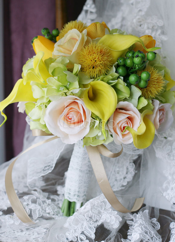 Bouquet do laço Narciso flor de seda amarela fita mão-amarrado noivas buquê de  flores do casamento - Milanoo.com