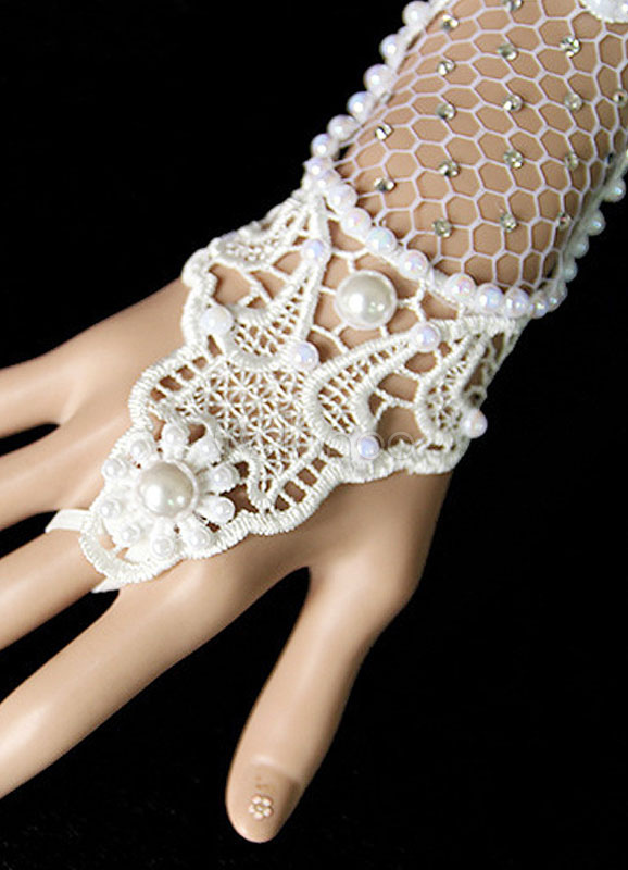 Pearl Wedding Gloves White Cotton Net Laceup Fingerless Bridal Gloves