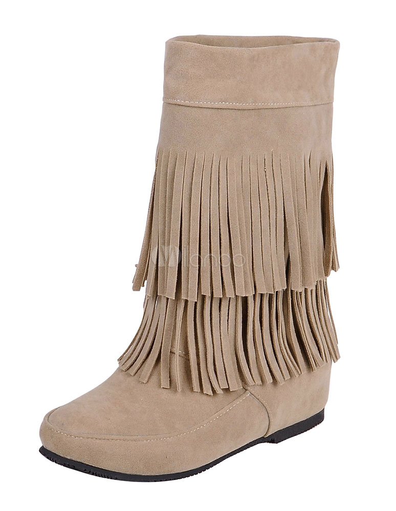 Bohemien stivali tacco nascosto frangia donne rotonda Toe Cowgirl Boots  breve - Milanoo.com